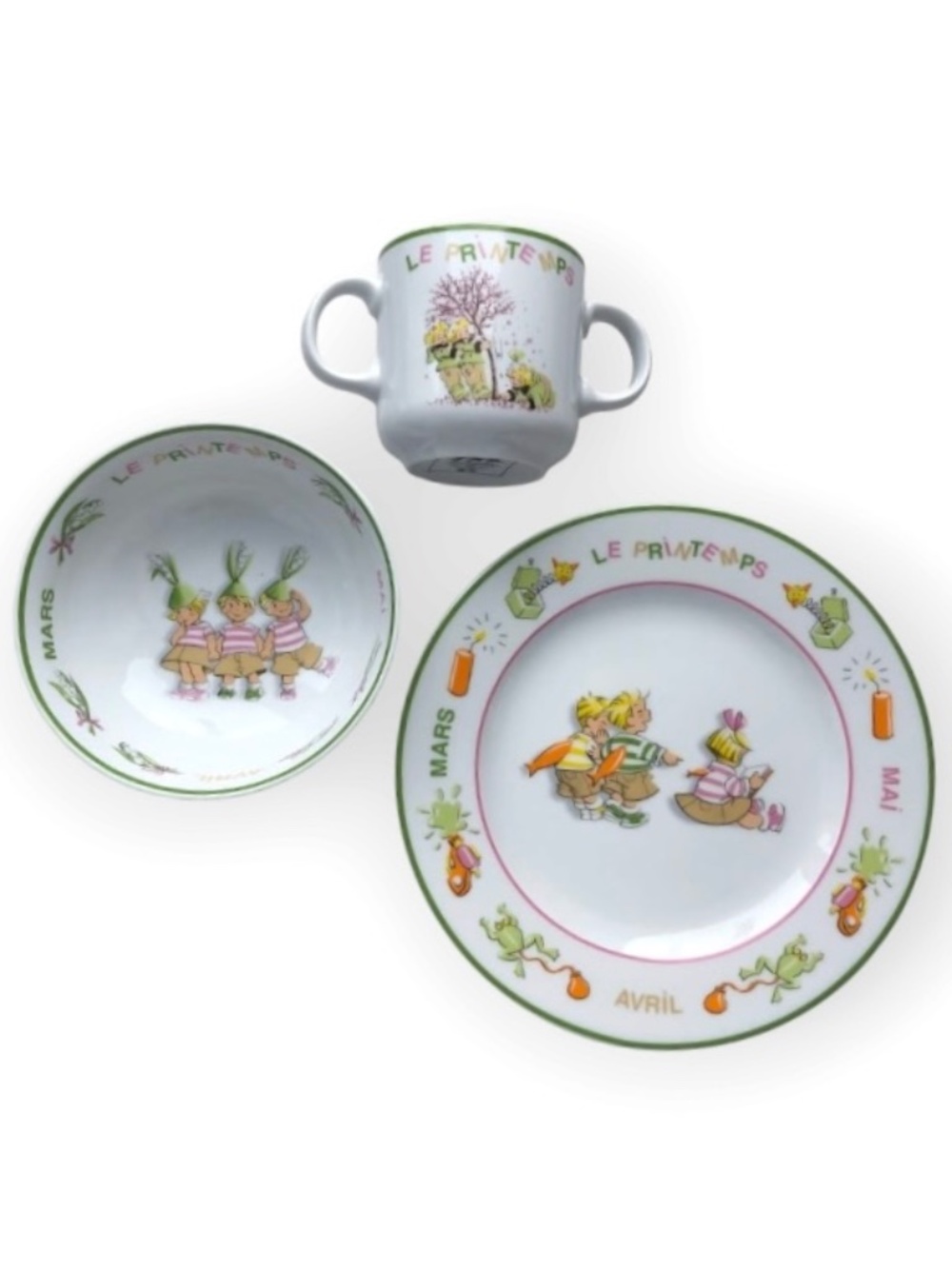 Rare Vintage Guy Degrenne "Triplets" The Seasons Porcelain Dishes 3pc Set Kids